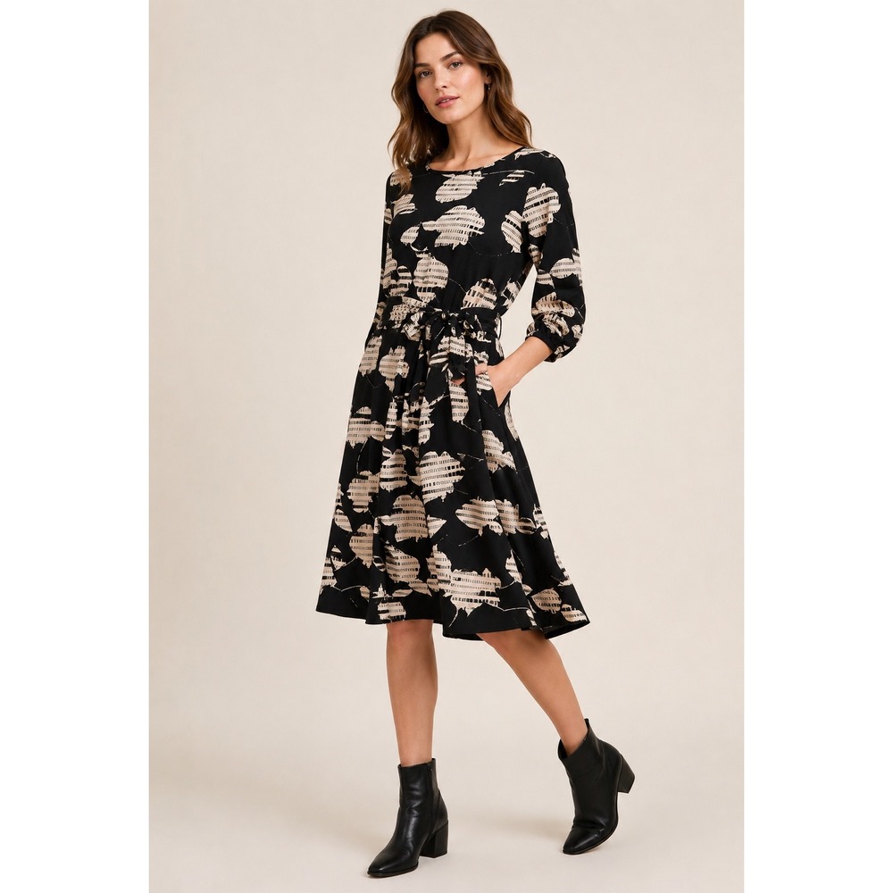 THE ODELLS Black Abstract Floral Midi Dress Tie Waist Ladder Lace Womens XS